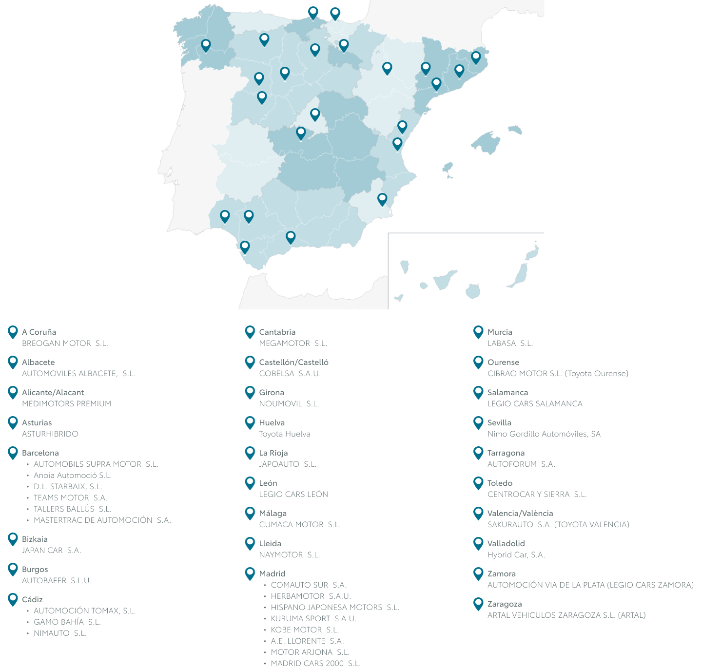 Mapa de ciudades con servicio de alquiler de coches Toyota, Kinto Rent