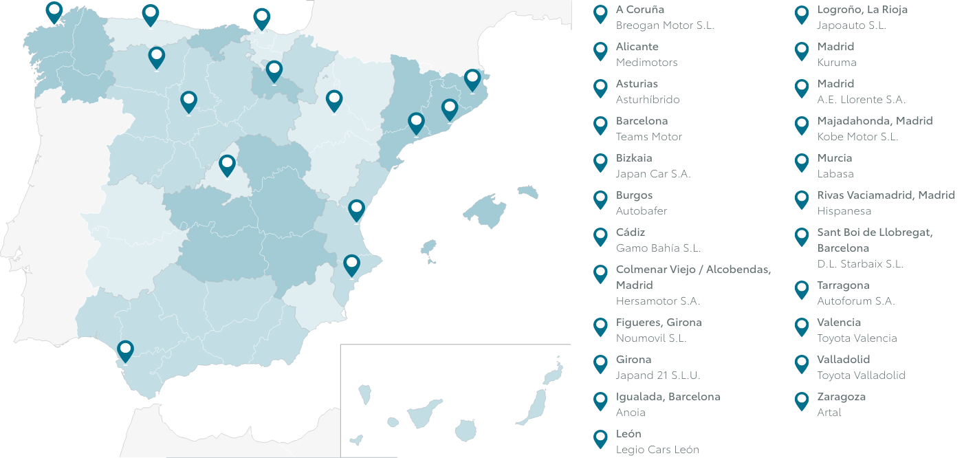Mapa de ciudades con servicio de alquiler de coches Toyota, Kinto Rent