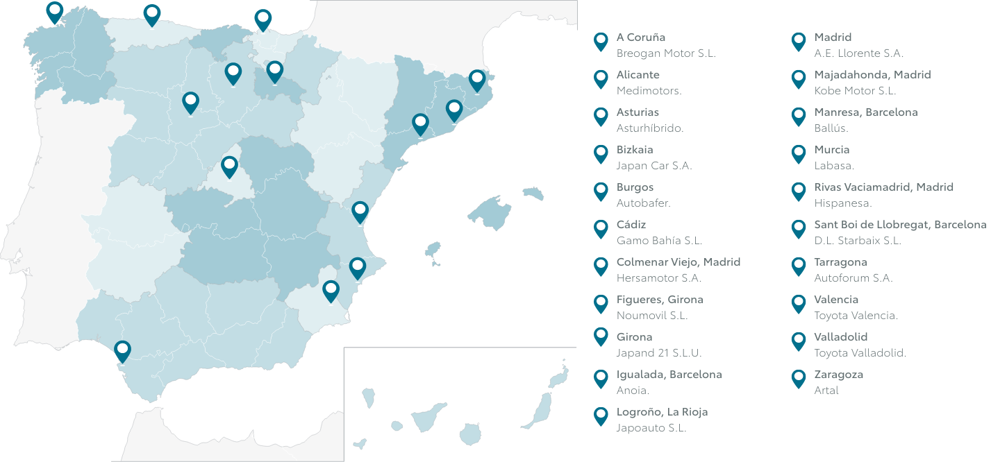 Mapa de ciudades con servicio de alquiler de coches Toyota, Kinto Rent