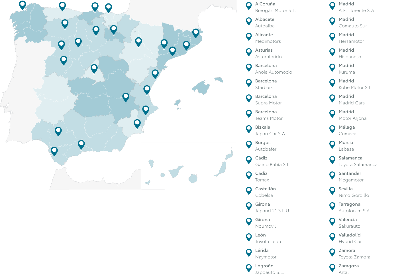 Mapa de ciudades con servicio de alquiler de coches Toyota, Kinto Rent