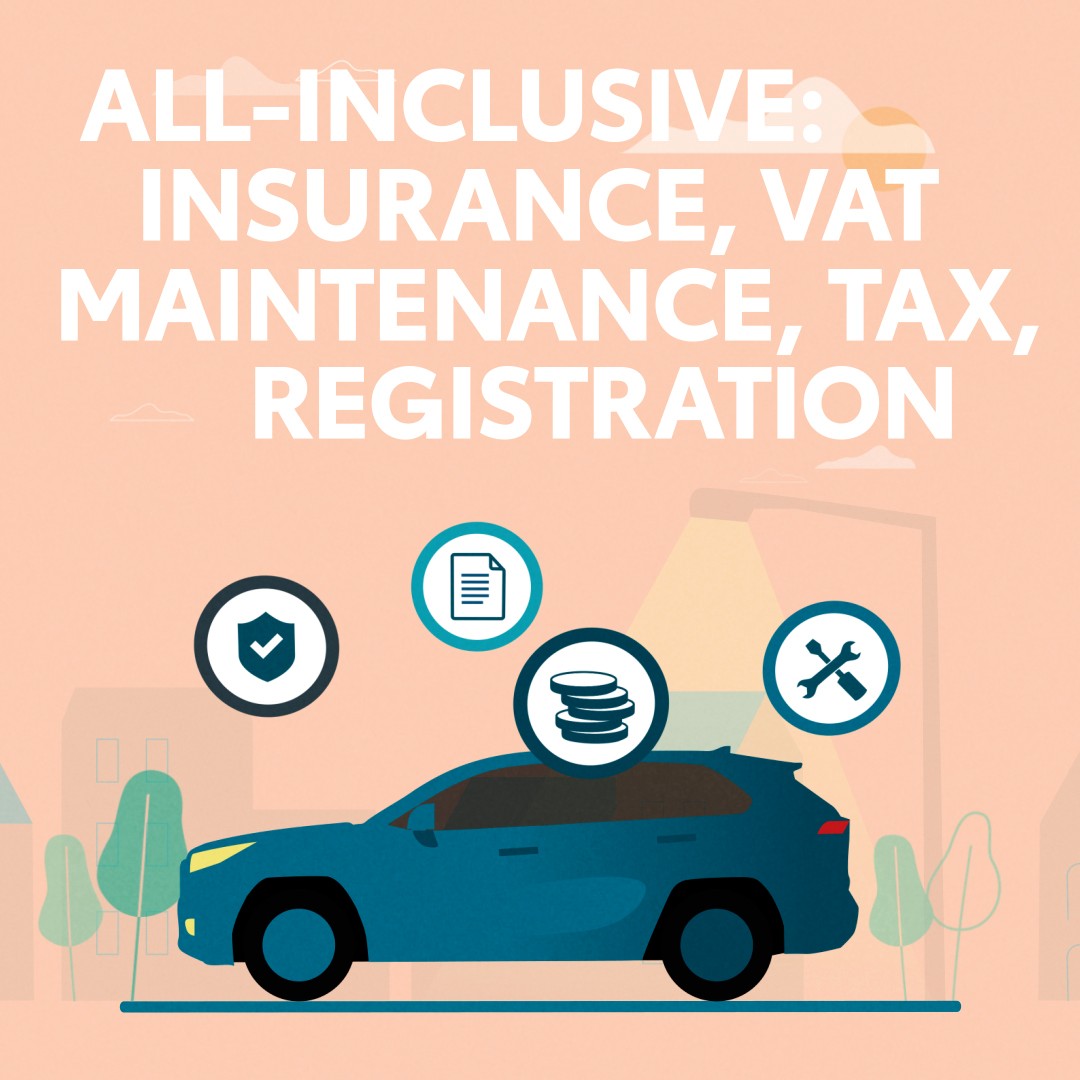 Illustrated visual with a car and four icons summarizing the title: All-inclusive, insurance, VAT, Maintenance, Tax, Registration